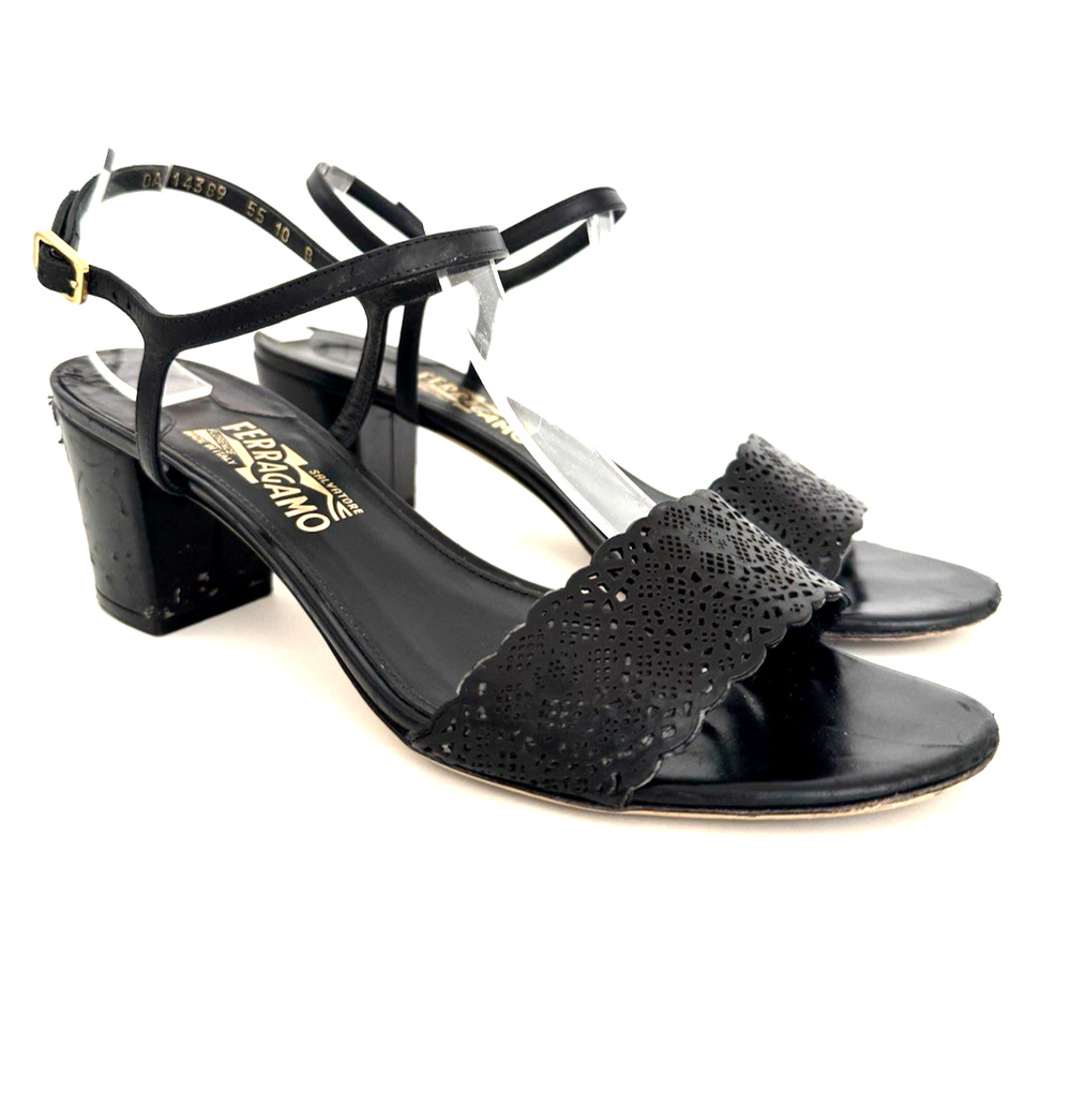 Salvatore Ferragamo Laser-Cut Black Leather Sandals 10B Block Heels Italy READ